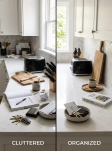 Scattered kitchen counter compared with a thoughtfully arranged countertop