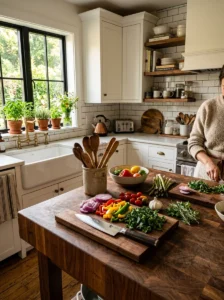 Walnut butcher block countertop used for food preparation