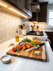 Layered lighting design for a windowless kitchen