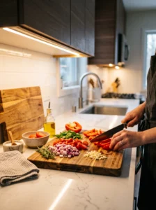 Under cabinet LED lighting brightening a windowless kitchen