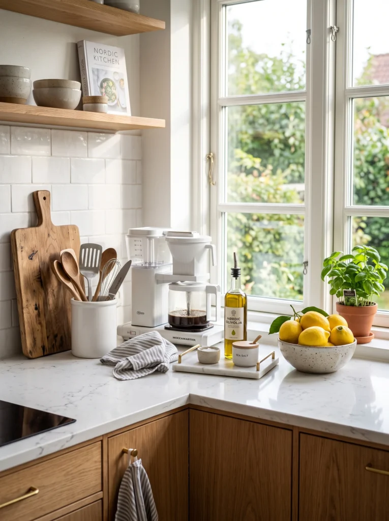 Beautifully styled kitchen counter with functional decor and organized accessories