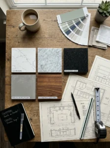 Kitchen countertop material selection guide with different samples