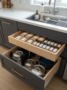 Organized kitchen drawers with pots pans containers and storage organizers