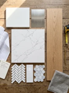 Kitchen backsplash samples matched with cabinets countertops and flooring