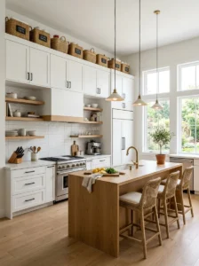 Storage baskets above kitchen cabinets for seasonal kitchen items