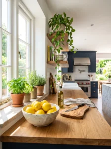 Fresh plants and fruit bringing warmth to a modern kitchen