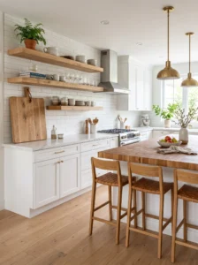 Wood accents warming up a modern white kitchen