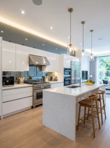 Reflective kitchen surfaces helping brighten a dark kitchen