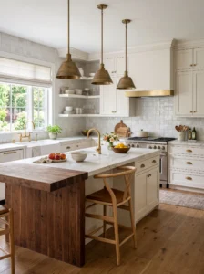 White kitchen with marble quartz countertops and zellige backsplash