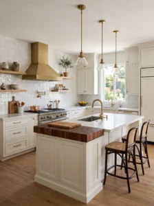 Warm white kitchen with wood accents brass hardware and plants