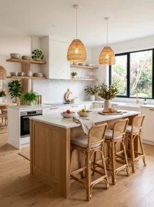 Cozy modern kitchen with warm lighting wood and natural decor