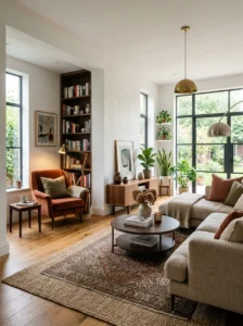 L-shaped living room with reading corner and seating area