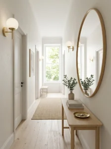 Large mirror making a narrow hallway appear wider.