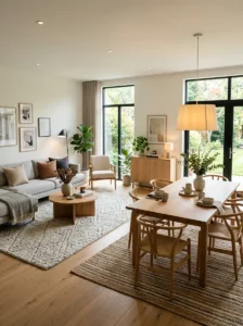 Well-designed shared living room and dining room with balanced zones