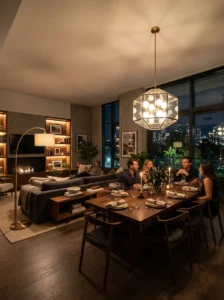 Layered lighting for an open living room and dining room