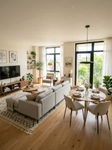 Balanced layout for a shared living room and dining room