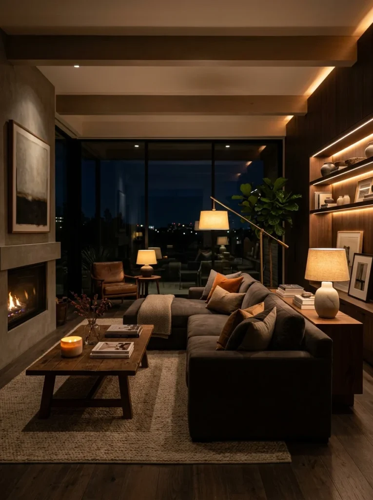 Warm layered lighting in a modern living room at night