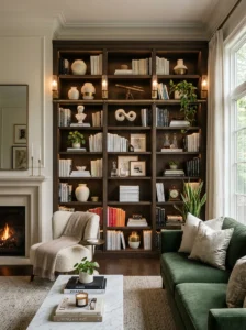 Elegant professionally styled bookshelf in a living room