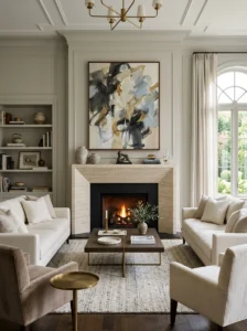 Living room with a strong focal point created by oversized artwork