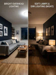 Overhead lighting compared with warm evening lighting