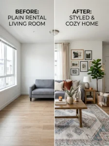 Rental living room before and after adding layered décor
