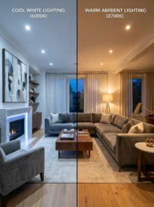 Warm and cool color temperature comparison in a living room