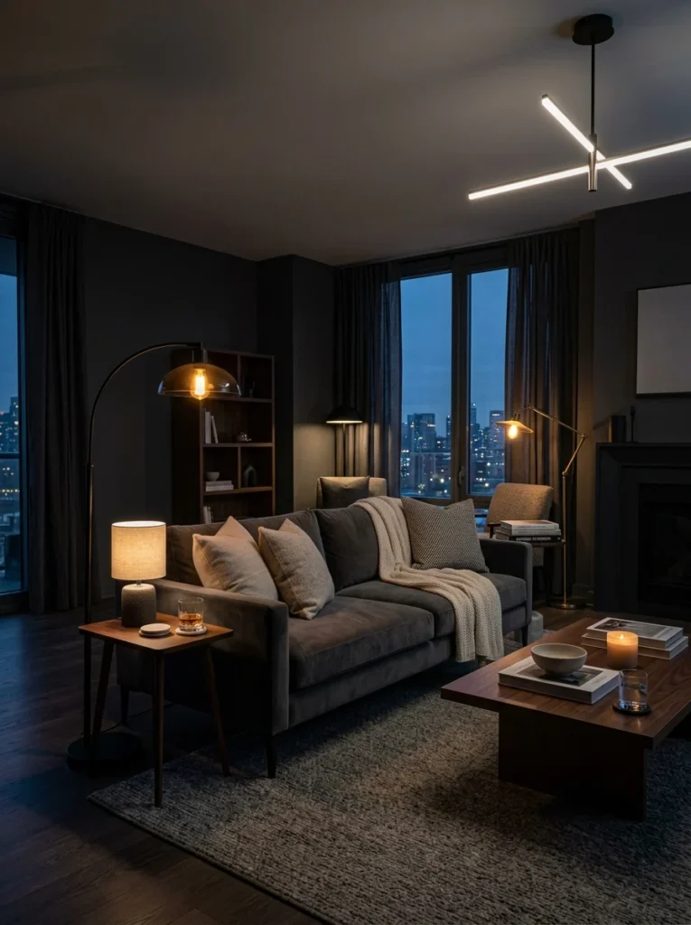 Living room that feels dark despite having multiple lights on