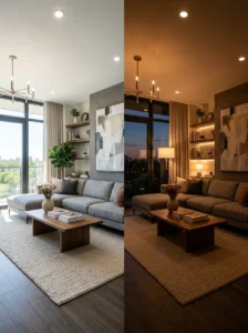 Dimmable lighting changing a living room atmosphere
