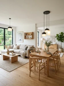 Matching furniture styles across an open living and dining room