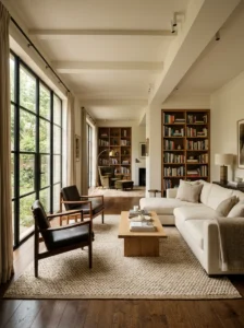 Long narrow living room divided into two functional zones