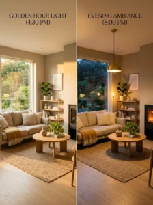 Alt Text: Living room in professional daylight compared with normal evening lighting