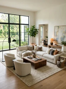 Finished modern living room with layered lighting, large rug and balanced furniture layout.