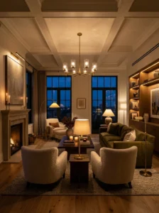 Layered lighting creating a warm living room