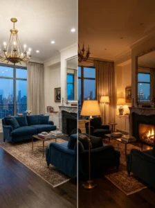 Comparison of overhead lighting and warm lamp lighting