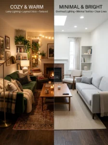 Comparison of cozy and non-cozy living room lighting