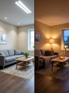 Living room demonstrating dimmable lighting settings