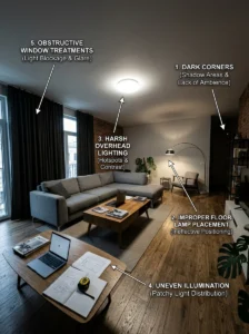 Living room showing common causes of poor lighting