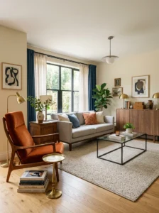 Balanced living room seating with TV placed for conversation and entertainment