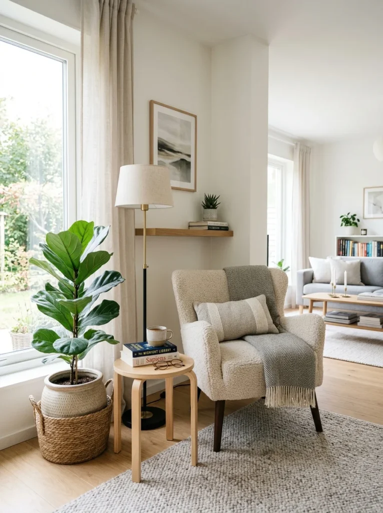 Empty corner transformed into a cozy reading nook with chair and floor lamp.