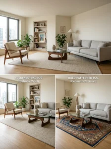 Solid and patterned living room rugs compared
