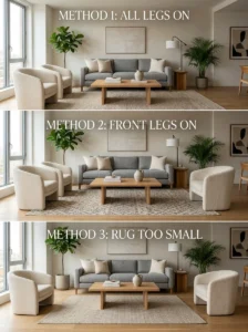 Comparison of correct and incorrect living room rug placement