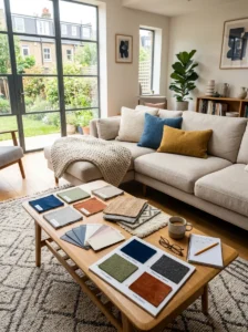 Planning sofa color with fabric and paint samples