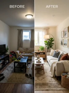 Before and after decluttering showing added lighting texture and organization