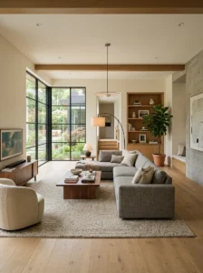 Modern living room with an awkward layout arranged beautifully