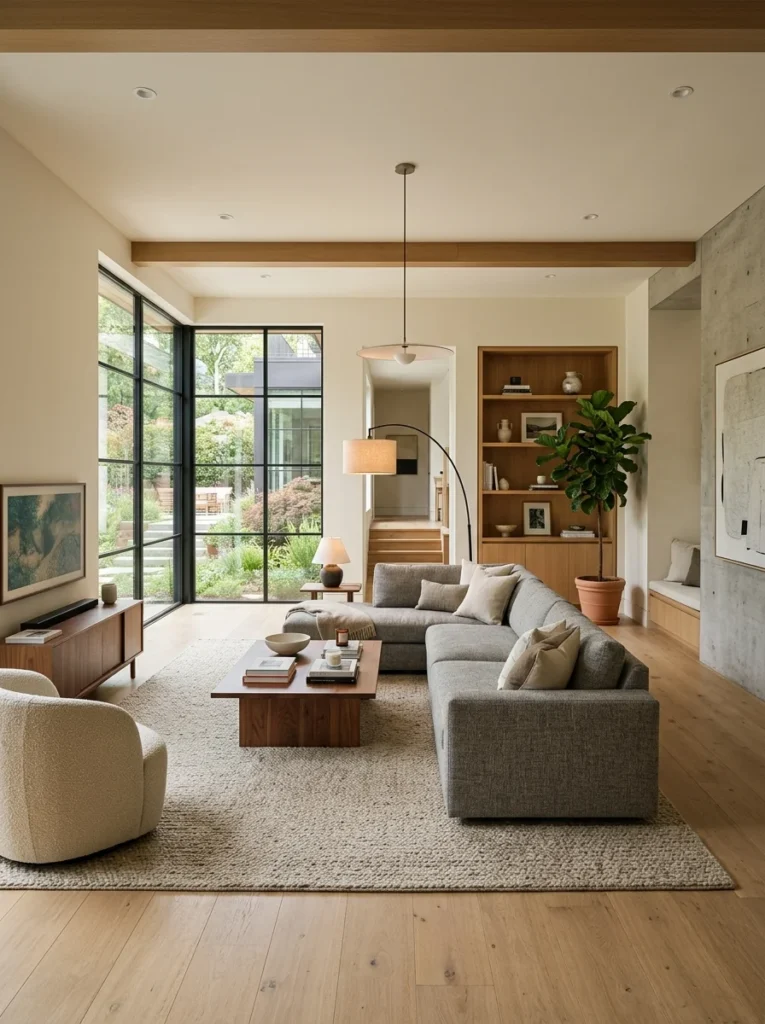 Modern living room with an awkward layout arranged beautifully