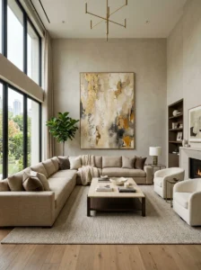 Oversized wall art decorating a large living room wall