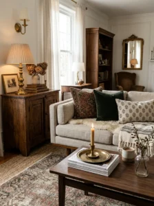 Statement antique furniture anchoring a modern living room