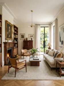 Warm-toned furniture creating a cohesive mixed-style room