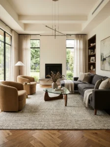 Large area rug grounding a living room seating arrangement