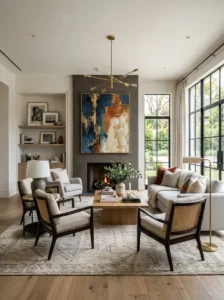 Living room arranged around a strong focal point
